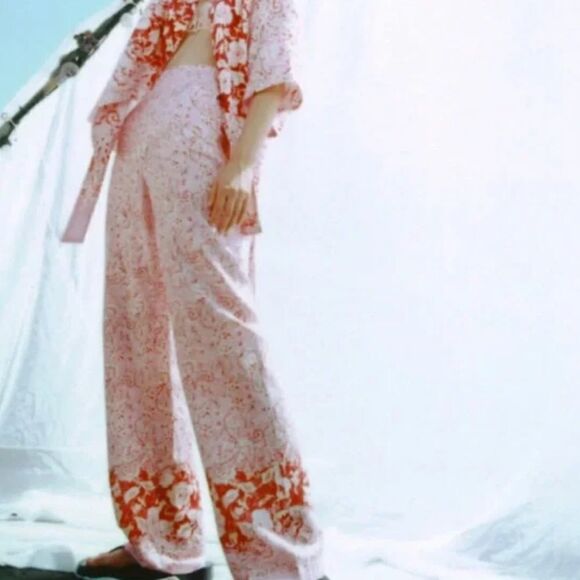 NWT ZARA BARBIE PINK WIDE-LEG PRINTED LINEN BLEND TROUSERS SizeXS - Picture 4 of 13